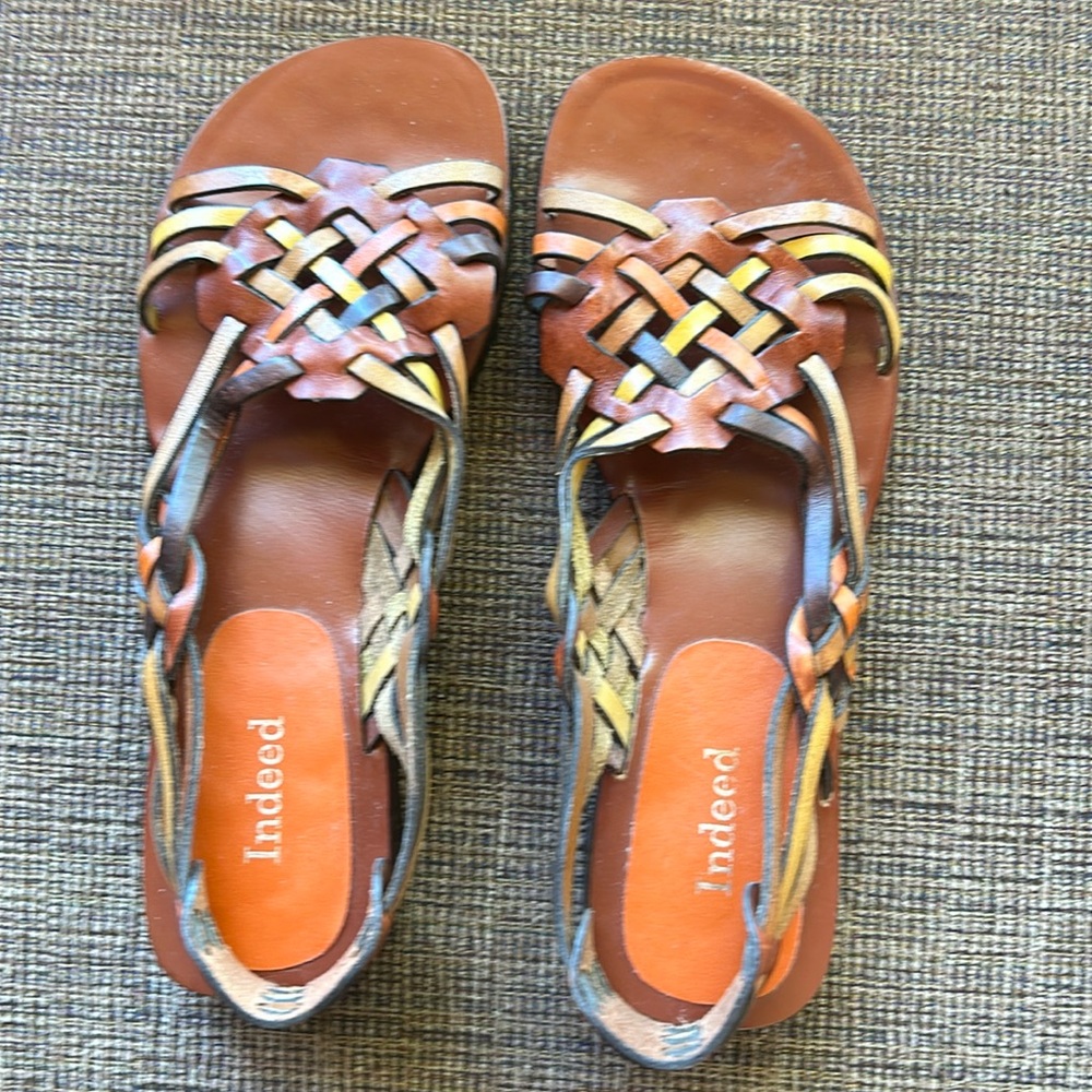 Indeed sandals. Multi earth colored leather upper. Size 7M.